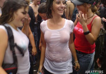 See through white t-shirt that is soaked wet showing amateur boobs