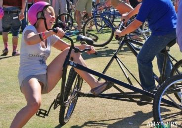 Blonde falling off bicycle and having a pussy slip