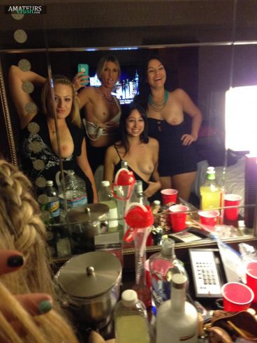 Flashing boobs with besties in front of mirror selfie