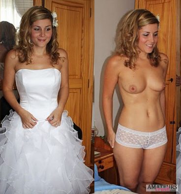 Hot and young naughty bride with her sexy boobs showing in wedding dress on and off pic