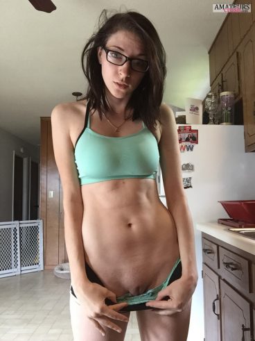 Another peek inside girls with glasses shorts and flashing her bald pussy