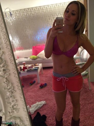 Kaley in her shorts and bra selfie showing cleavage from icloud hacked selfie