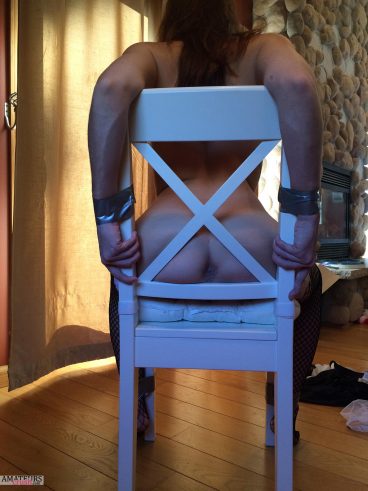 Super hot tied up BDSM butthole of GF perfect ass showing on chair