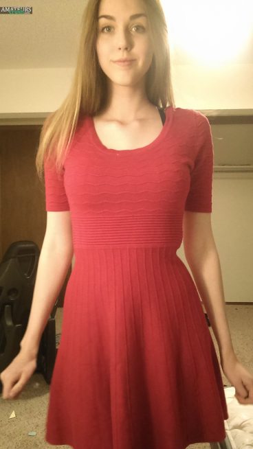 Hot girl in red sexy dress braces photo