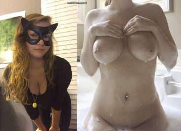 Nature-is-her-life dressed as catwoman showing her soapy busty tits