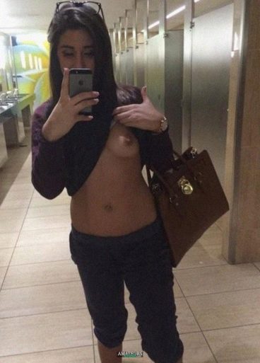 Young teengirl boob selfie in public bathroom