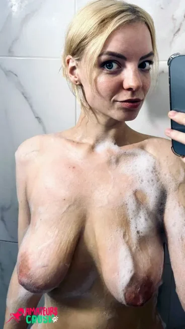 big soapy droopy tits blonde shower selfie MILF
